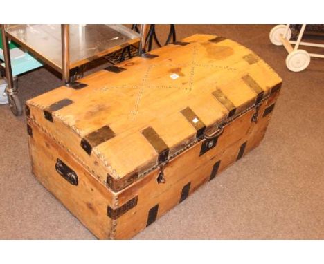 Studded and metal bound dome trunk and two table top display cabinets (3)