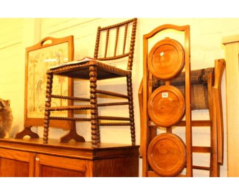 Mahogany three tier folding cakestand, folding chair, bobbin framed side chair and needlework panel firescreen (4)