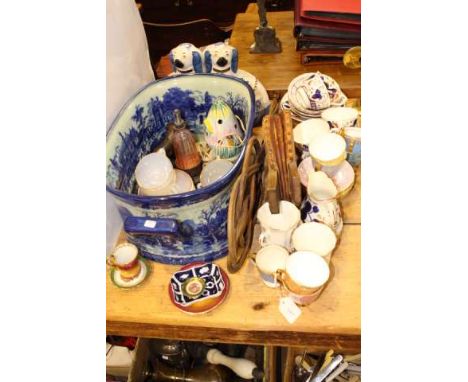 Blue and white foot bath, pair dogs, tea china, jug, bellows, carpet beater, etc
