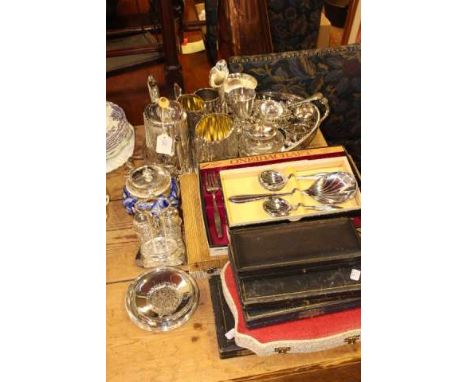 Victorian silver plate tea set, other plate and boxed flatware, Burslem jar, etc