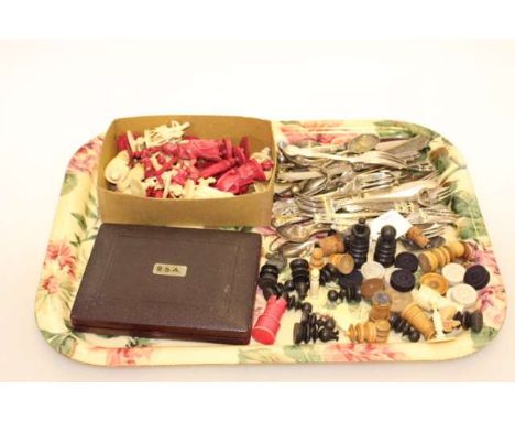 Stained chess piece, cased drawing instruments and flatware