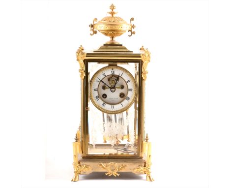 French four-glass table clock, late 19th Century, white enamel chapter ring with visible escapement to the centre, signed by 