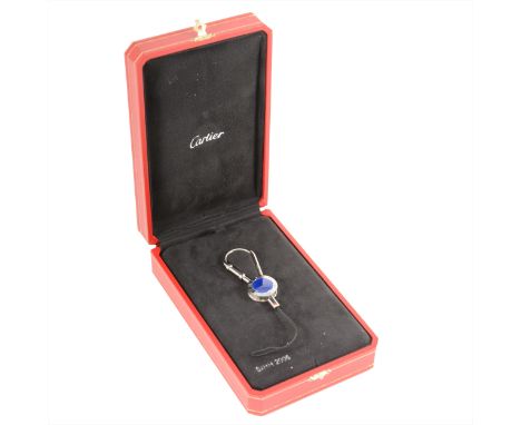 Cartier - a steel key ring with blue crown centre and watch bezel frame, 23mm diameter, numbered SIHH 2005, Cartier red and g