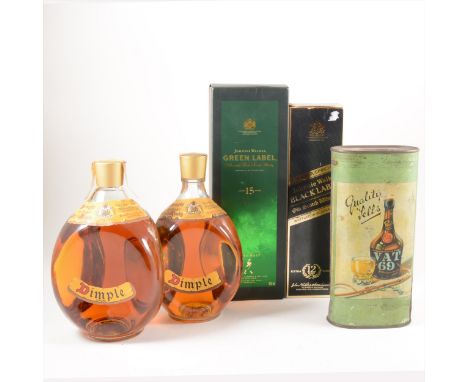 Two bottles of Haig Dimple Scotch Whiskey; Can of VAT69 Liqueur Scotch Whiskey for the War Office Times; Johnny Walker Green 