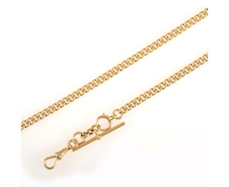 An 18 carat yellow gold watch albert chain, the 5mm gauge non-graduated solid curb links fitted with a bolt ring fastener, T 