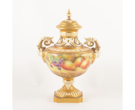 Royal Worcester fruit painted pedestal vase, painted with fruit against a mossy bank by John Smith, the vase with a domed cov