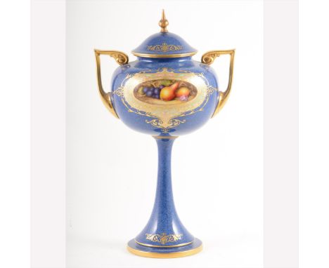 Royal Worcester ornamental covered vase, date mark for 1923, powder blue ground, printed reserve with fruit against a mossy b