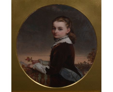 English School, 19th Century, Half length portrait of a girl on a balcony, oil on board, oval, 36x29cm.