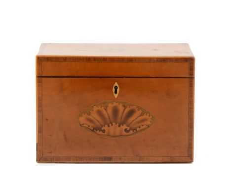 George III satinwood and marquetry tea caddy, oblong form, with rosewood banding and stringing, two sectioned interior, marke