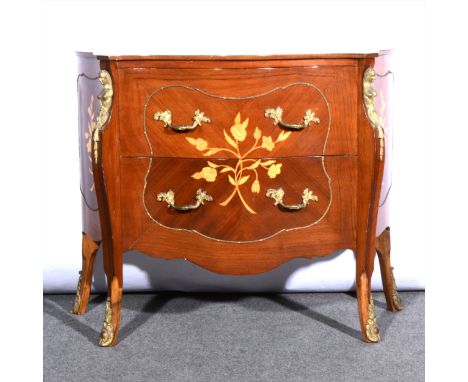 A Dutch Transitional style beechwood mahogany marquetry and gilt metal bowfront commode, 20th Century, marble slab over a pan