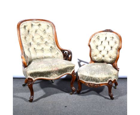 Victorian walnut ladies chair, hoop back with carved foliate decoration, button 'brocade' upholstery on carved cabriole legs,