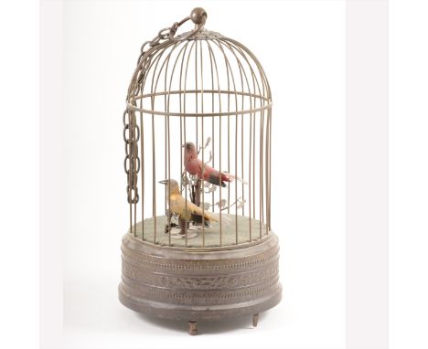 Singing birds in a cage automaton, late 20th century, designed with two birds, clockwork mechanism, 28cm