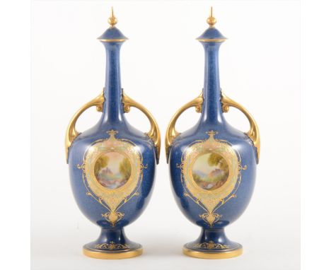 Pair of Royal Worcester ornamental bottle vases, dated marked for 1923, reserved painted with river landscape, bridge and cas