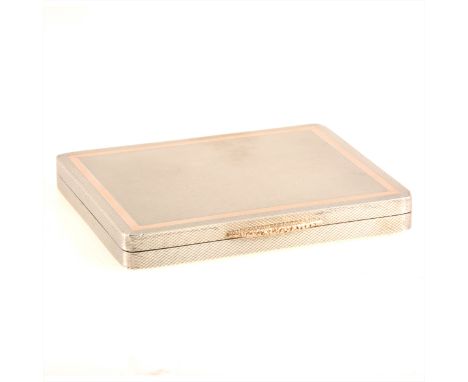 An engine turned silver card case by Gowland Brothers, 8cm x 6.3cm, plain rose metal border and cast thumb lift, frost finish