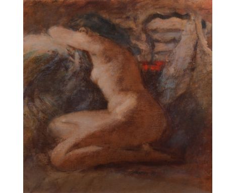 Frank Haseler, Female nude, signed and dated '87, oil on canvas board, 46cm x 40cm.