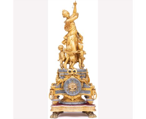 A French ormolu and grey marble mantel clock; the dial with Roman numerals, cylinder movement by Hy. Marc, Paris, No.47478, s