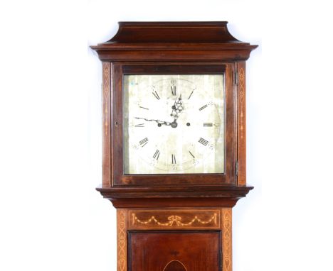 A late Victorian inlaid mahogany longcase clock, square silvered dial with subsidiary second dial, two-chain eight-day moveme