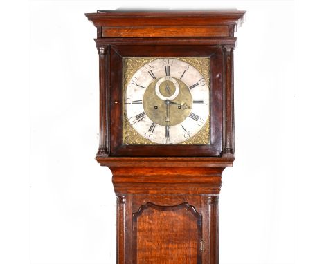 Barker, Wigan, oak longcase clock, square brass dial, silvered chapter ring, with subsidiary second dial and date aperture, c
