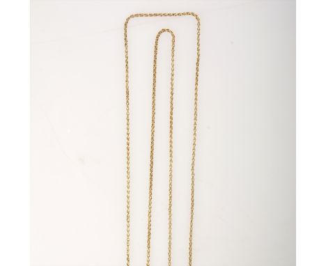 A yellow metal chain necklace, the 2mm gauge open link chain 106cm long, fitted with a rose metal bolt ring fastener marked 1