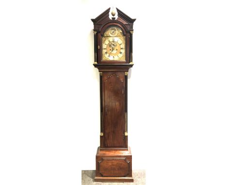 Thomas Jarvis, London George III mahogany longcase clock, arched brass dial, silvered chapter ring with subsidiary seconds di