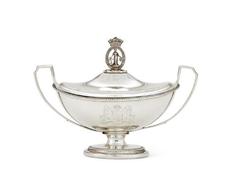 A GEORGE III SILVER OVAL SAUCE TUREENPAUL STORR, LONDON 1797With an armorial finial to the domed cover, twin scroll handles, 