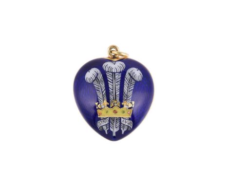 A VICTORIAN SENTIMENTAL HEART SHAPED LOCKET ENAMELLED WITH THE PRINCE OF WALES FEATHERS CIRCA 1888The heart shaped locket wit