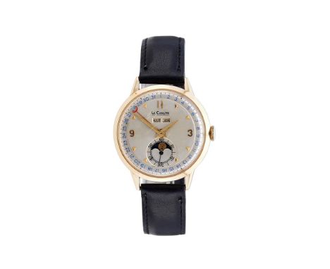 LECOULTRE A GOLD COLOURED CALENDAR WRIST WATCH WITH MOONPHASE, NO. 93004, CIRCA 1950Movement: Cal. 806/AW, manual wind, 17 je