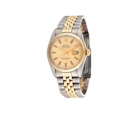 ROLEX, OYSTER PERPETUAL DATEJUST, REF. 16013A BI-METAL BRACELET WATCH WITH DATE, NO. 6350025, CIRCA 1979Movement: Cal. 3035, 