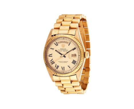 ROLEX, OYSTER PERPETUAL DAY-DATE, REF. 1803AN 18 CARAT GOLD BRACELET WATCH WITH DAY AND DATE, NO. 1320475, CIRCA 1966Movement