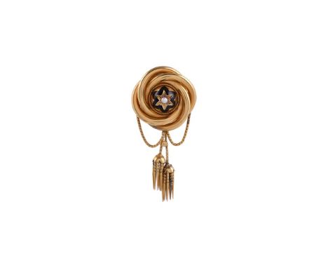 A MID VICTORIAN HALF PEARL SET GOLD KNOT BROOCH CIRCA 1870The polished gold knot centred with dome with a half pearl accent w