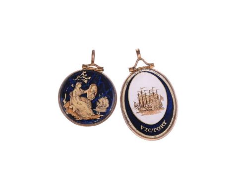 NELSON INTEREST: A GLAZED LOCKET PENDANT OF HMS VICTORY AND A MOURNING LOCKET PENDANT CIRCA 1805The first with oval glazed fr
