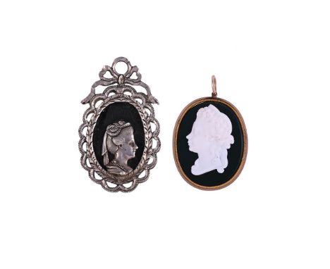 GEORGE III AND QUEEN CHARLOTTE, TWO COMMEMORATIVE PENDANTS The first circa 1770, with polished bloodstone ground with applied