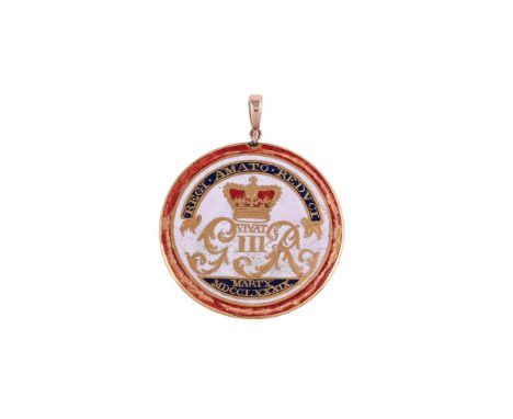 GEORGE III, A COMMEMORATIVE ENAMELLED GOLD MEDALCIRCA 1789The circular medal with white ground, red enamelled wreath border a