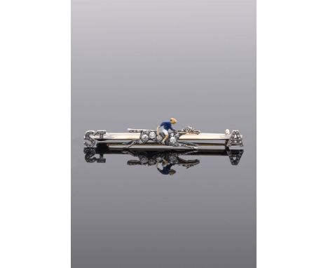 HORSE RACING INTEREST: ST. AMANT, AN EDWARDIAN ENAMEL AND DIAMOND HORSE AND JOCKEY BROOCH CIRCA 1904The old cut and rose cut 