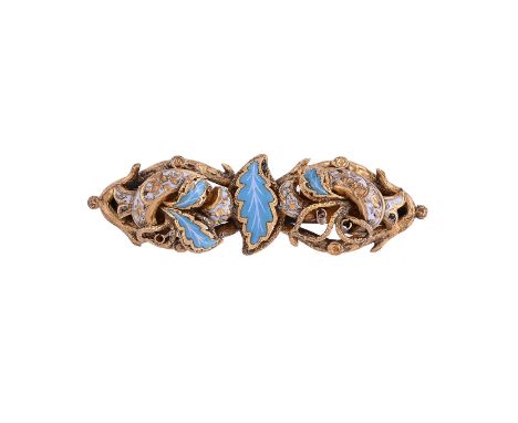 AN ANTIQUE AND LATER GOLD AND ENAMEL BROOCH The textured naturalistic branch like borders with blue enamelled acorn leaves, w