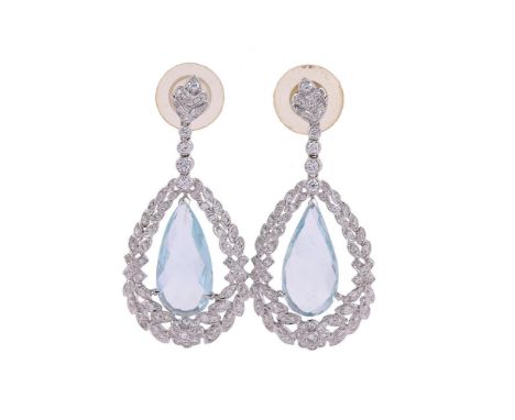 A PAIR OF AQUAMARINE AND DIAMOND DROP EARRINGS PENDANTSThe briolette cut aquamarines within a garland and floral surround of 