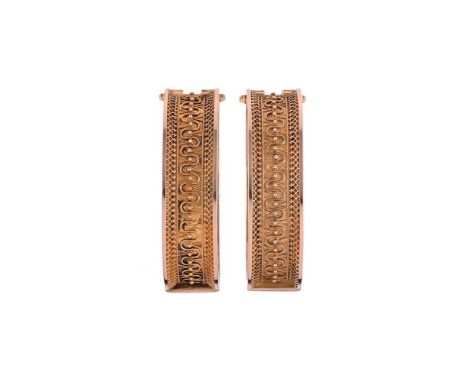 A PAIR OF VICTORIAN GOLD ETRUSCAN STYLE BANGLES CIRCA 1880The broad bangles with applied woven wire and bead detail, to pierc
