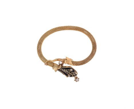 A MID 20TH CENTURY DIAMOND AND BLACK ENAMEL SERPENT BRACELETThe head with black enamelled decoration, with mixed cut diamond 