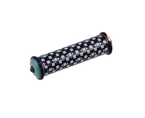 A FRENCH ART DECO GOLD COLOURED, ENAMEL, TURQUOISE AND SAPPHIRE LIPSTICK HOLDER CIRCA 1930The cylindrical lipstick holder wit