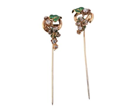 A PAIR OF FRENCH 19TH CENTURY DIAMOND SET HAIR PINSWith scrolling green enamelled leaf and rose cut diamond accents, suspendi