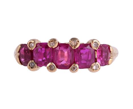 A FIVE STONE RUBY RINGThe rectangular cushion shaped rubies, with rose cut diamond points between, to a polished shankSize/di