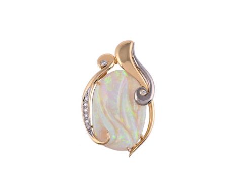 A CARVED OPAL AND DIAMOND PENDANTThe oval panel carved with organic shapes, stated to weigh 18.26 carats, within a scrolled d