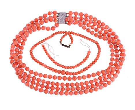 Y A FOUR STRAND CORAL BEAD AND ROCK CRYSTAL NECKLACEThe uniform circular coral beads with facetted rock crystal spacers, to a