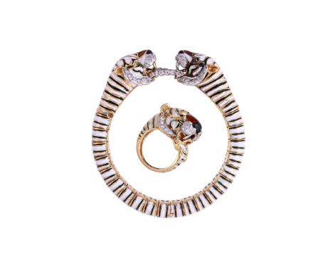 KUTCHINSKY, AN ENAMEL AND DIAMOND WHITE TIGER BANGLE AND DRESS RING  LONDON 1973 AND 1972The bangle with black, white and bro