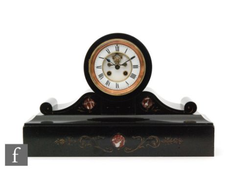 A Victorian black slate and marble mantle clock of classical form with anchor escapement. 