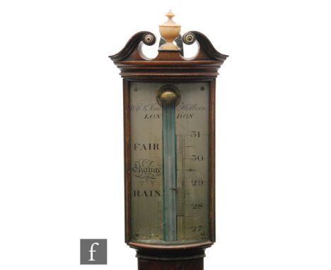 A George III mahogany stick barometer inscribed W &amp; L Jones, Holborn London, the bow front case below a broken swan neck 