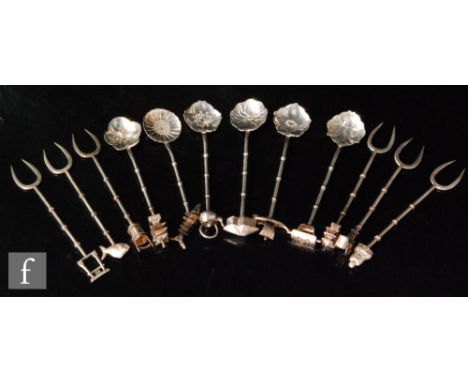 Six Chinese silver teaspoons each with different terminal, with six similar pickle forks stamped 900 and Sterling. (12) 