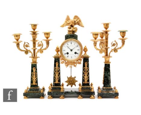 A 20th Century French Empire style green marble and gilt clock garniture, the circular dial named E .Douard Dun-Sur-Auron bel