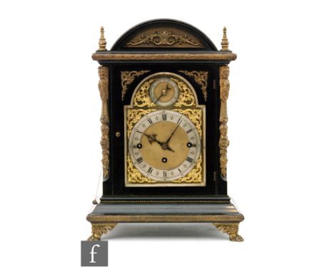 A late 19th to early 20th Century German ebonised bracket clock, the twin fusee movement with pull repeat, the case with glaz