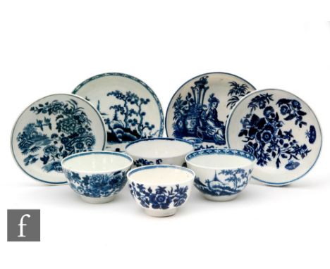 A collection of early Worcester blue and white porcelain tea bowls and saucers, circa 1775, patterns comprising The Mother an